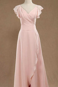 Blush Pink V-Neck Ruffled Long Bridesmaid Dress