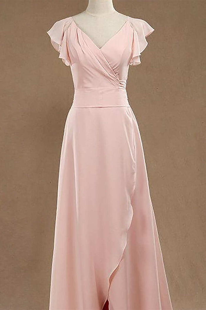 Blush Pink V-Neck Ruffled Long Bridesmaid Dress