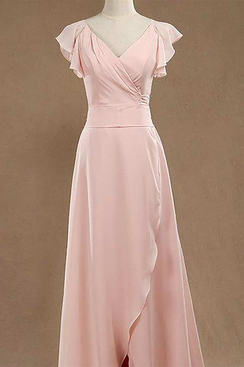 Blush Pink V-Neck Ruffled Long Bridesmaid Dress