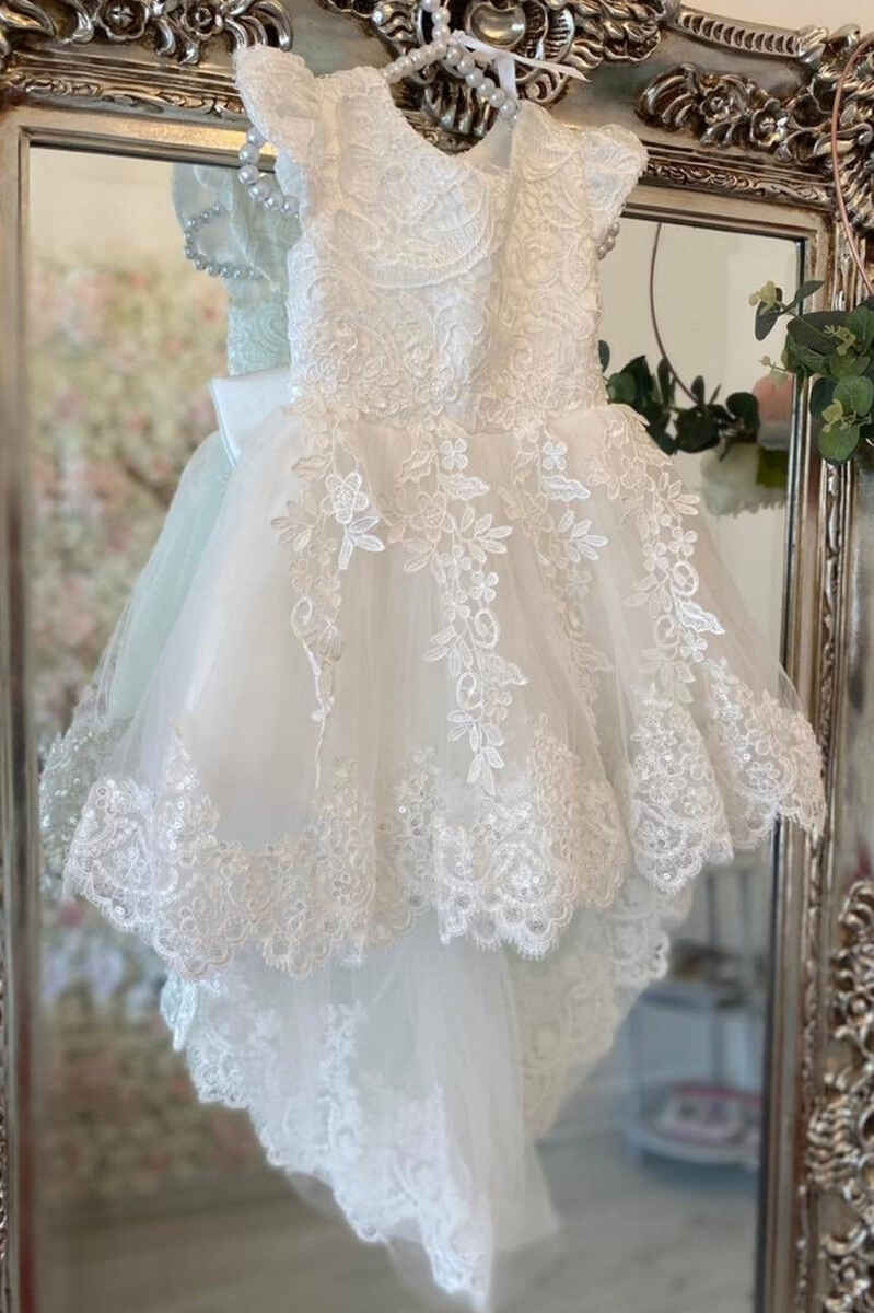 White Lace Cap Sleeve Flower Girl Dress
