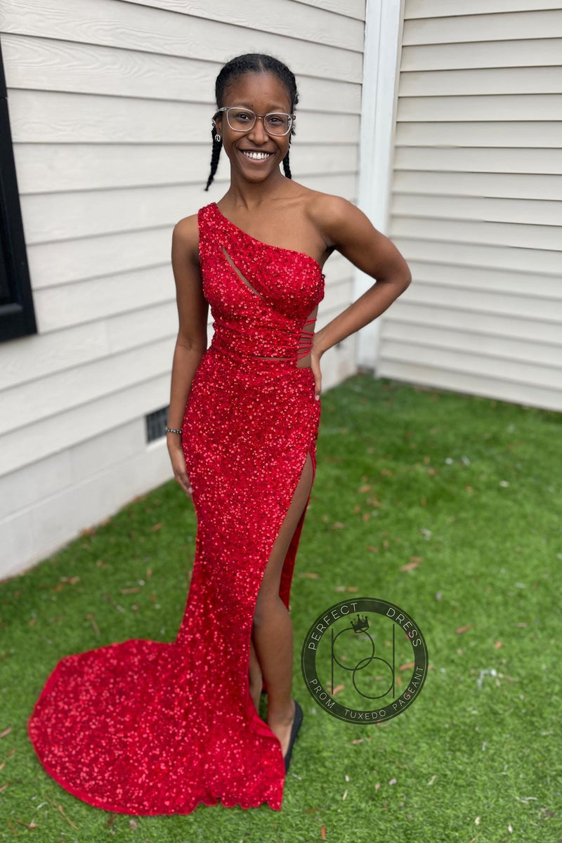 Sequins Mermaid One Shoulder Cut-Out Slit Long Prom Dress