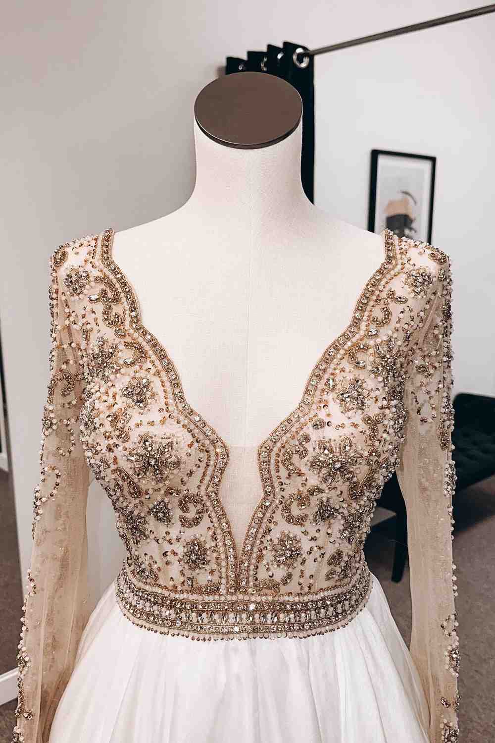 Champagne A-line V Neck Long Sleeves Chiffon Long Prom Dress