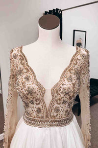 Champagne A-line V Neck Long Sleeves Chiffon Long Prom Dress