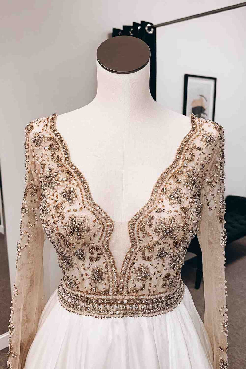 Champagne A-line V Neck Long Sleeves Chiffon Long Prom Dress