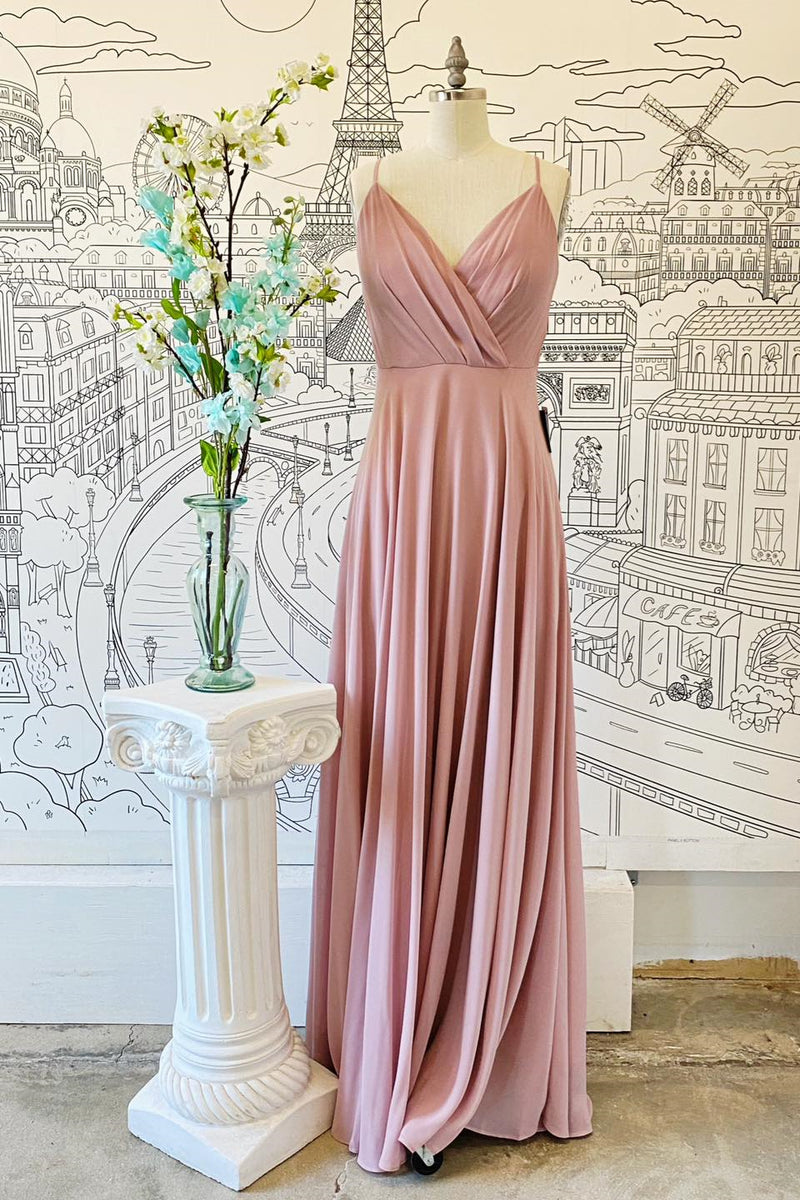 Pink V Neck Spaghetti Straps Pleated Chiffon Long Bridesmaid Dress