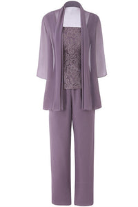 Three-Piece Mauve Square Neck Mother of the Bride Pant Suits