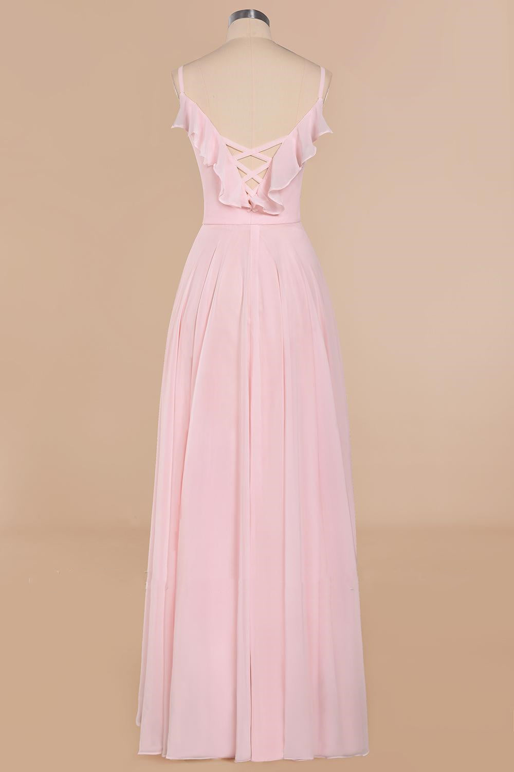 Pink Ruffle Lace-Up A-Line Long Bridesmaid Dress