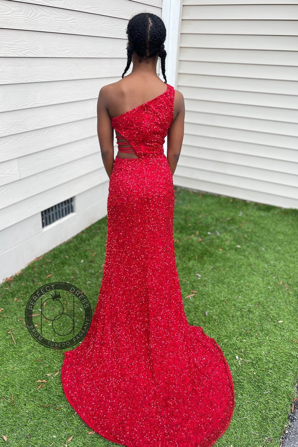 Sequins Mermaid One Shoulder Cut-Out Slit Long Prom Dress