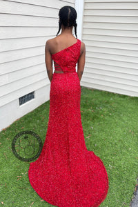 Sequins Mermaid One Shoulder Cut-Out Slit Long Prom Dress