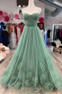 Green Strapless A-Line Long Prom Dress with 3D Flowers