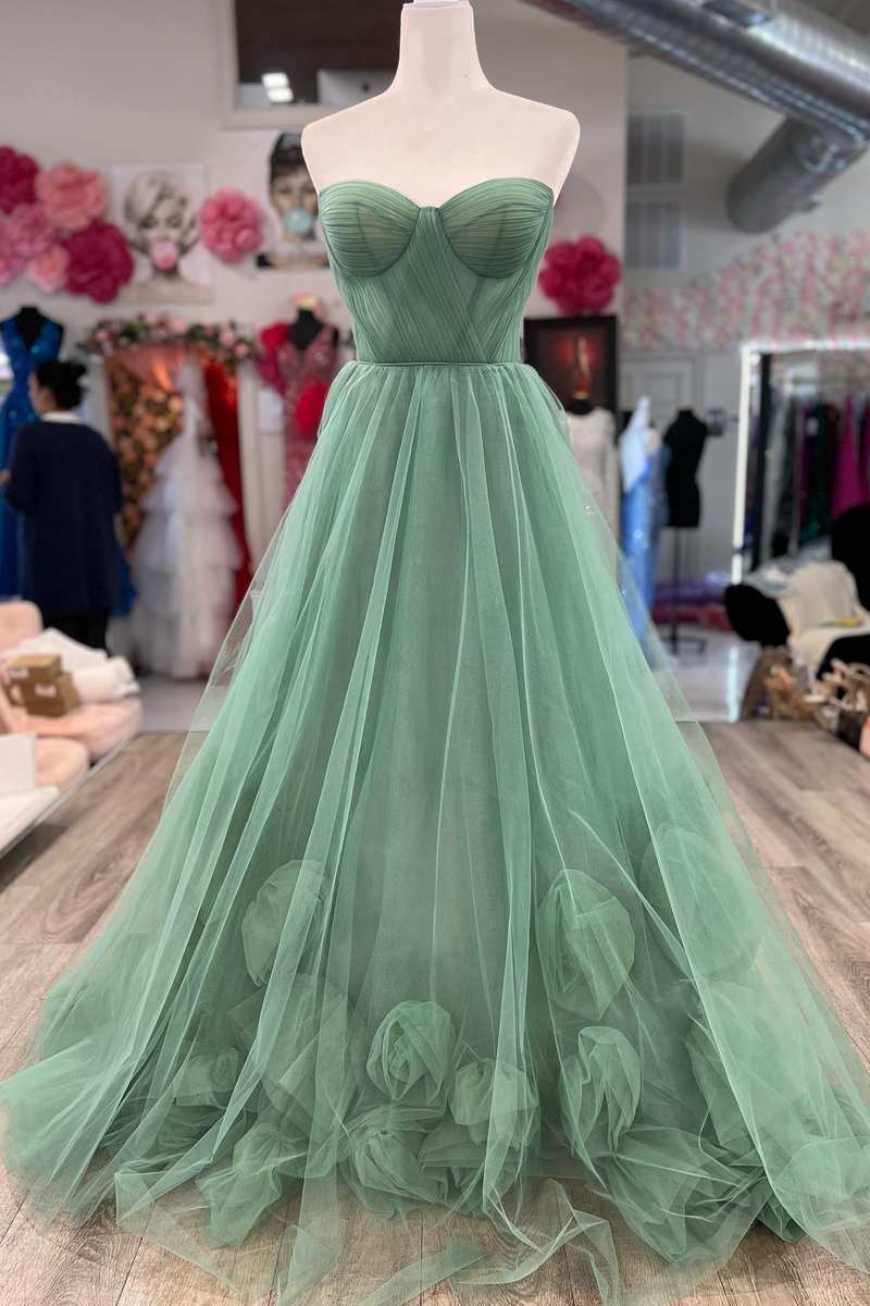 Green Strapless A-Line Long Prom Dress with 3D Flowers