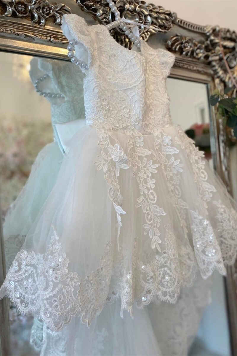 White Lace Cap Sleeve Flower Girl Dress