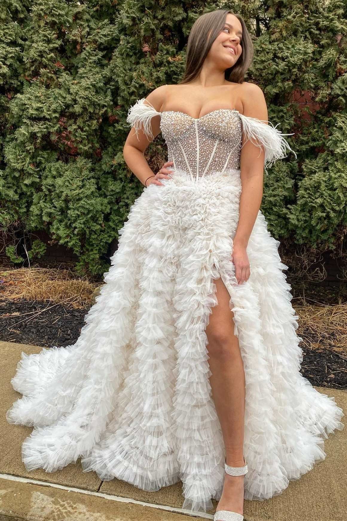 Hot Pink Beaded Feather Off-the-Shoulder Tiered Long Prom Dress with Slit