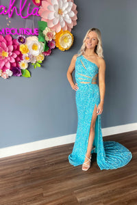 Sequins Mermaid One Shoulder Cut-Out Slit Long Prom Dress