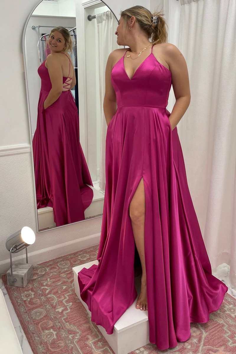 Fuchsia V-Neck Lace-Up A-Line Long Dress with Slit