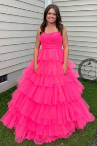 Fuchsia Strapless Ruffle Layers Pleated Long Prom Dress