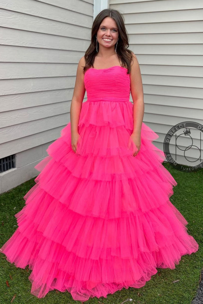 Fuchsia Strapless Ruffle Layers Pleated Long Prom Dress
