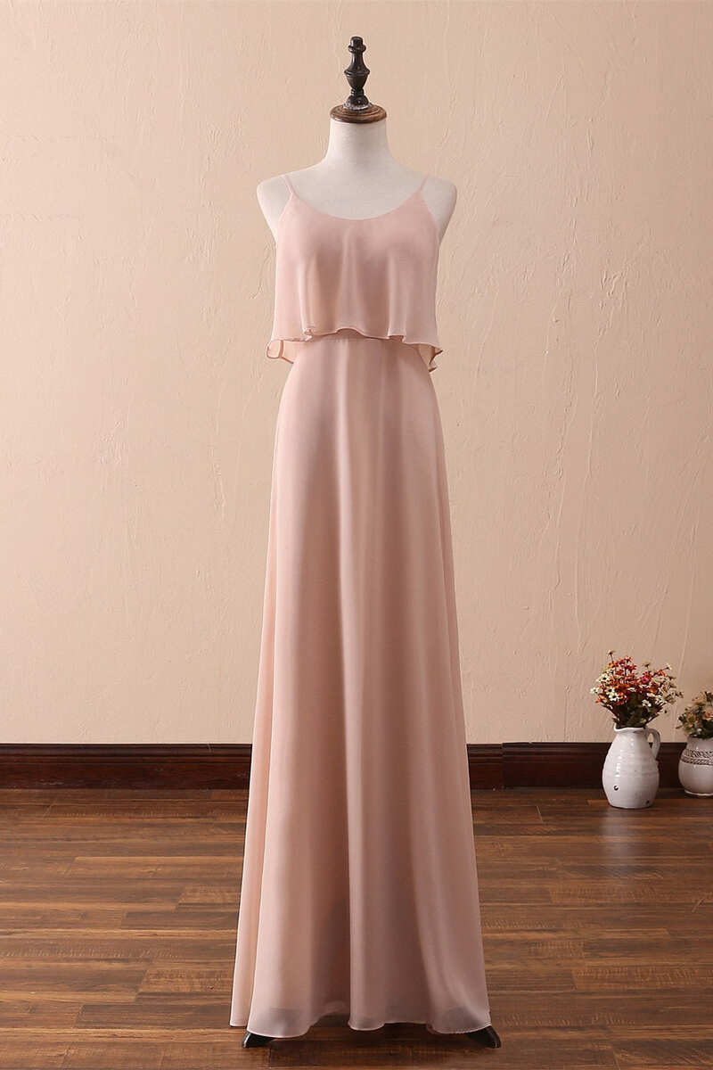 Blush Pink Spaghetti Strap Ruffled Long Bridesmaid Dress