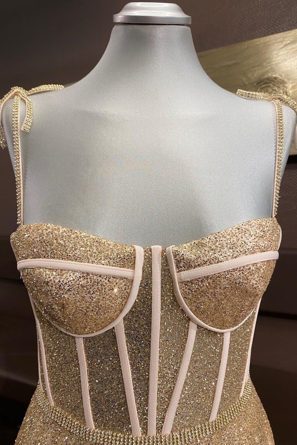 Gold A-line Bow Tie Beaded Straps Sequins Boning Long Prom Dress