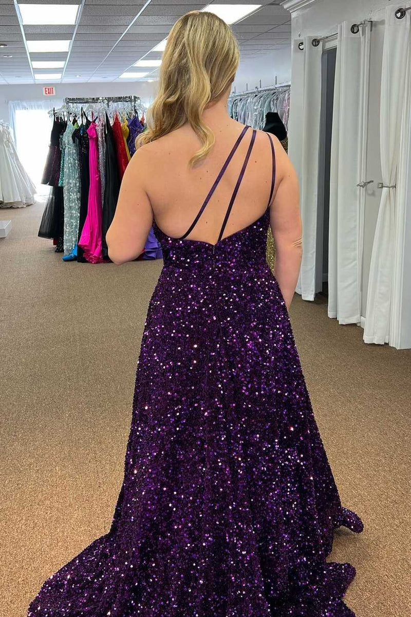Purple Sequin One-Shoulder Backless A-Line Long Prom Dress