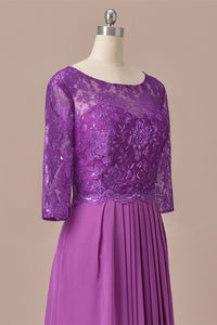 Purple Lace Round Neck Keyhole Back Long Mother of the Bride Dress