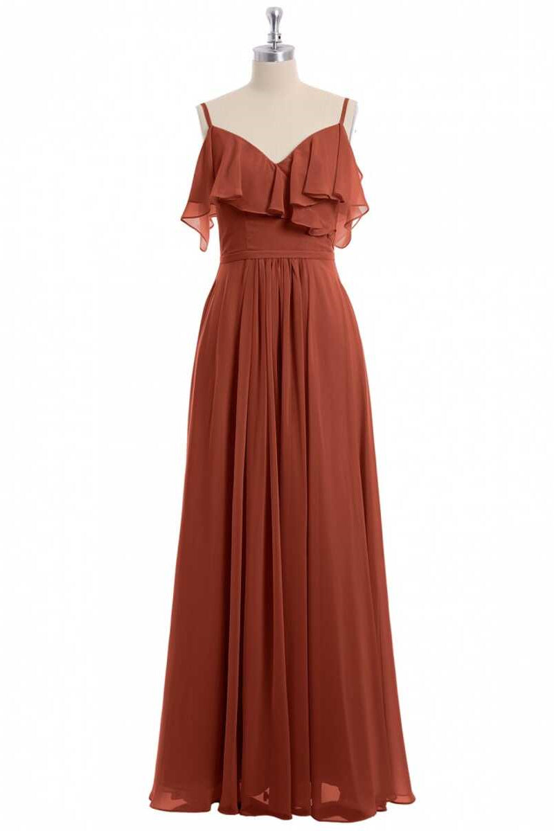 Rust Orange Straps Ruffled A-Line Bridesmaid Dress