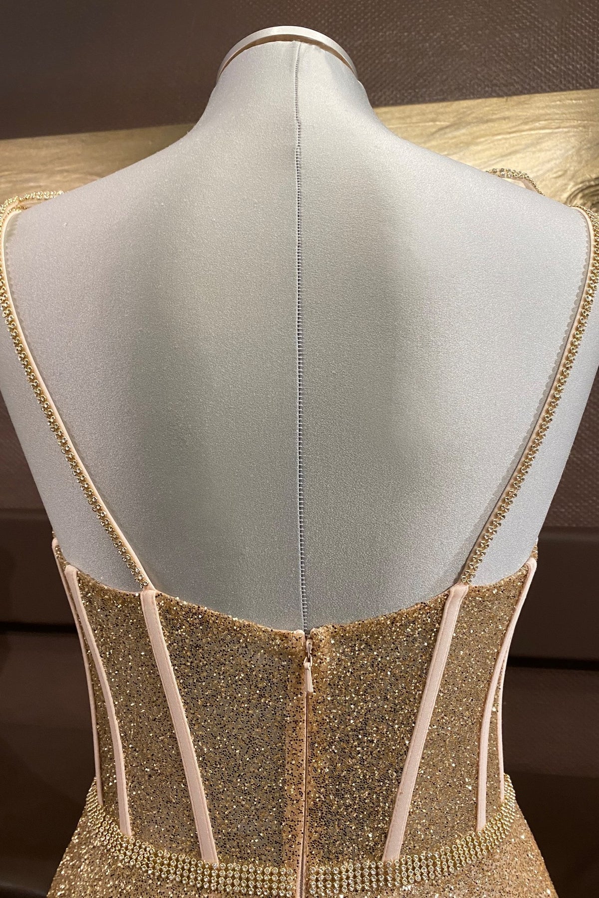 Gold A-line Bow Tie Beaded Straps Sequins Boning Long Prom Dress