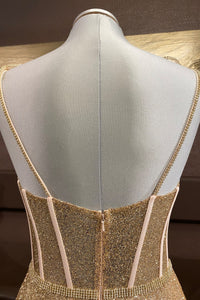 Gold A-line Bow Tie Beaded Straps Sequins Boning Long Prom Dress