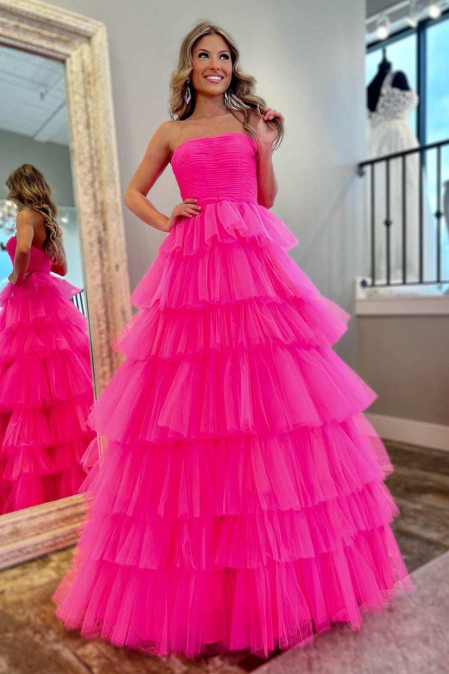 Fuchsia Strapless Ruffle Layers Pleated Long Prom Dress