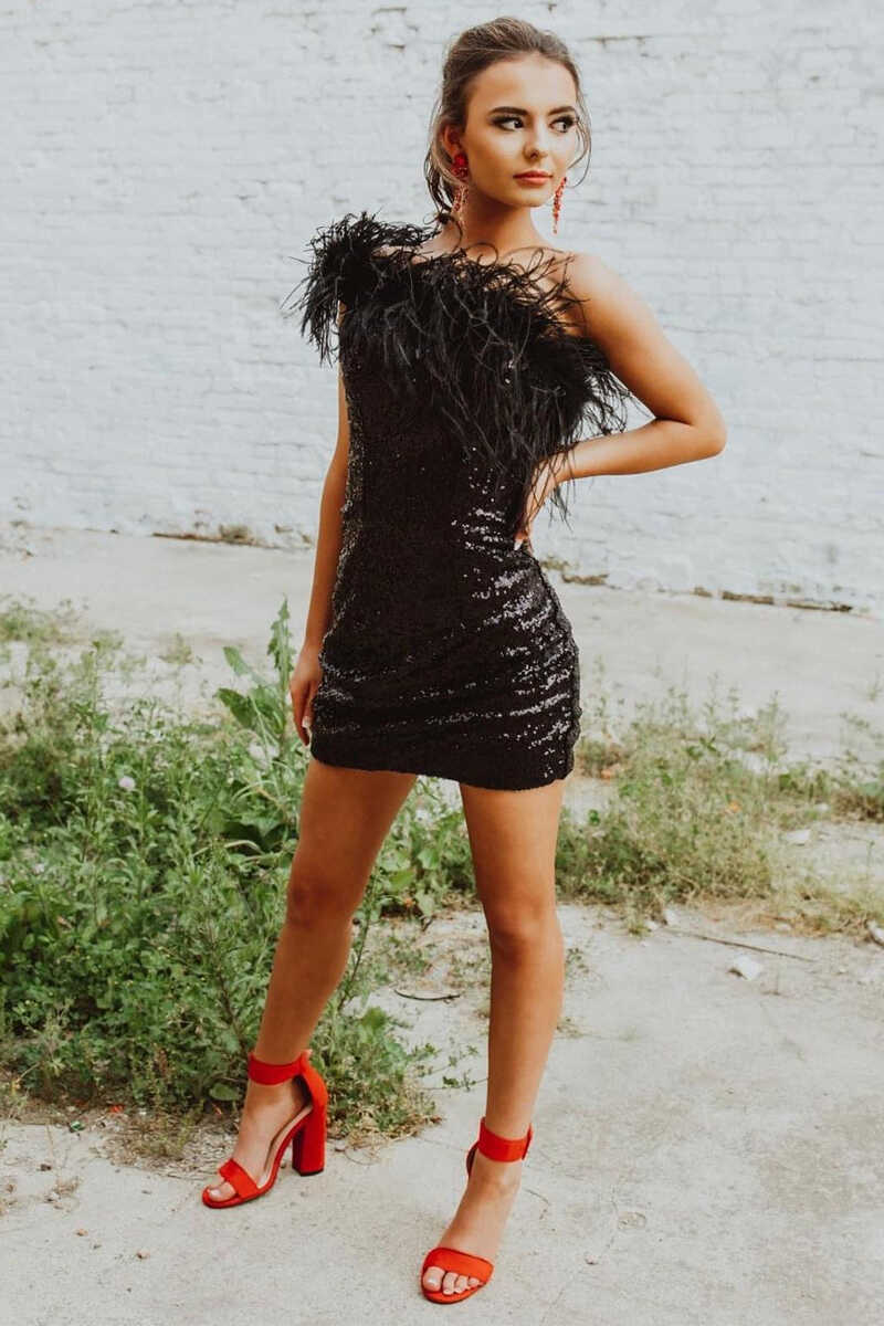 One-Shoulder Light Blue Sequins Feather Mini Homecoming Dress