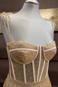 Gold A-line Bow Tie Beaded Straps Sequins Boning Long Prom Dress