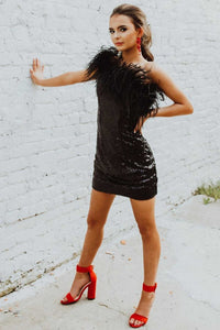 One-Shoulder Light Blue Sequins Feather Mini Homecoming Dress