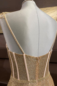 Gold A-line Bow Tie Beaded Straps Sequins Boning Long Prom Dress