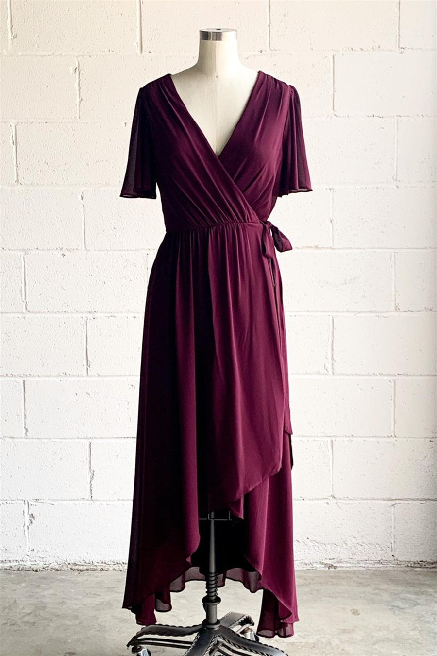 Mulberry Faux-Wrap V Neck Pleated Chiffon Hi-Low Bridesmaid Dress with Sleeves