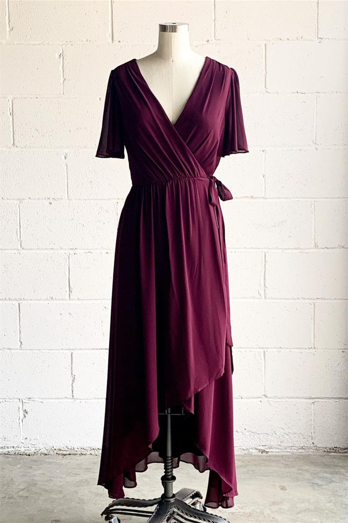 Mulberry Faux-Wrap V Neck Pleated Chiffon Hi-Low Bridesmaid Dress with Sleeves