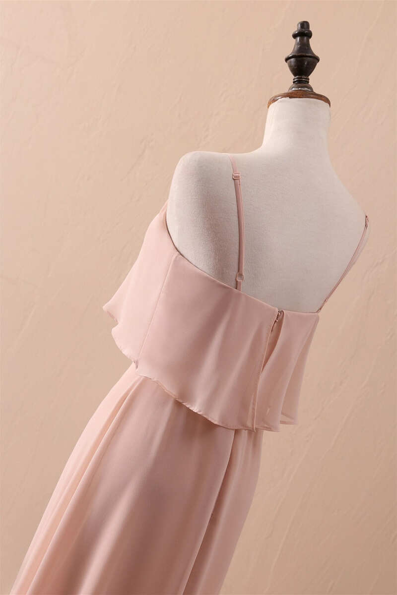 Blush Pink Spaghetti Strap Ruffled Long Bridesmaid Dress