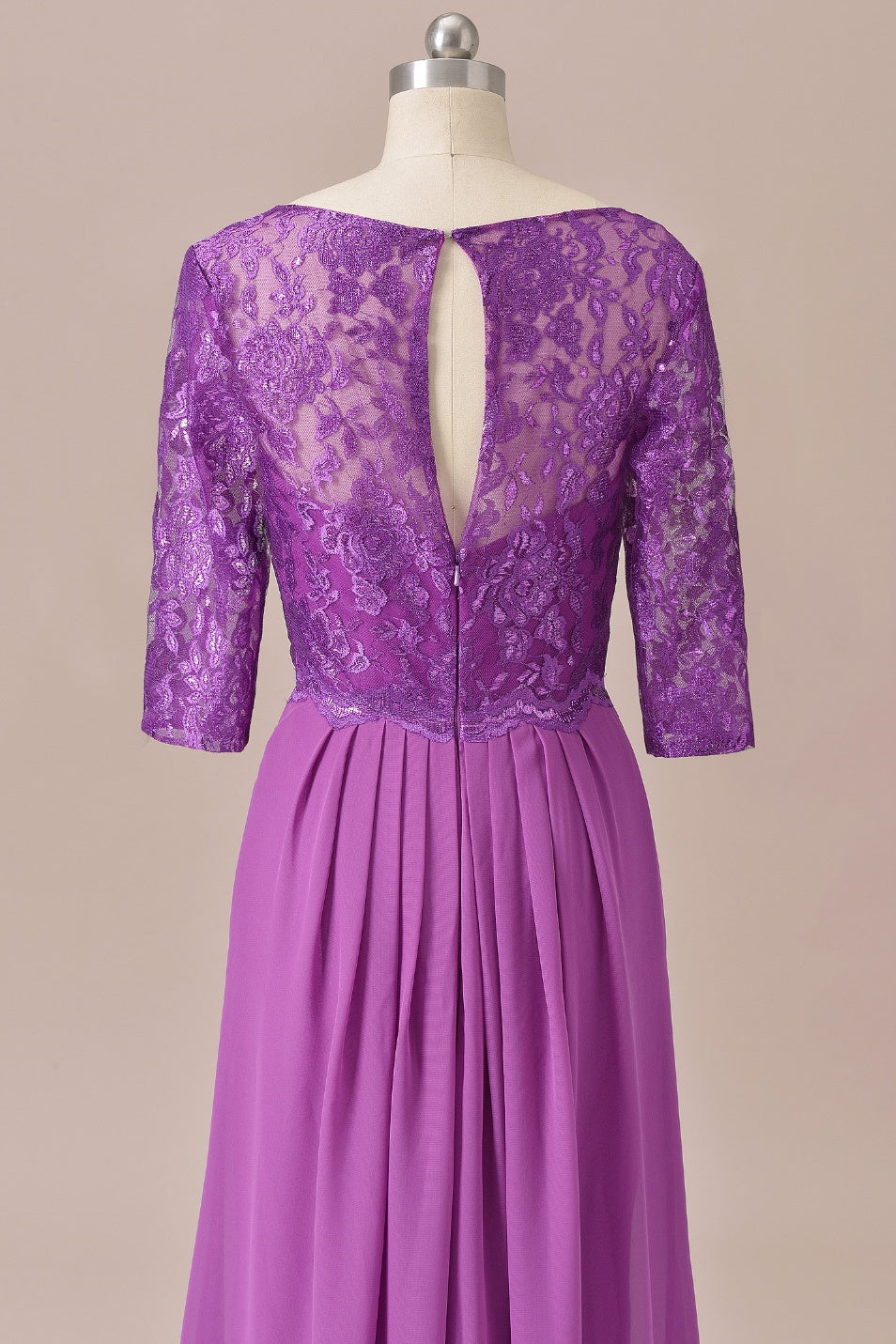 Purple Lace Round Neck Keyhole Back Long Mother of the Bride Dress