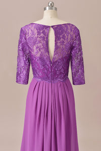 Purple Lace Round Neck Keyhole Back Long Mother of the Bride Dress