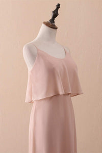 Blush Pink Spaghetti Strap Ruffled Long Bridesmaid Dress