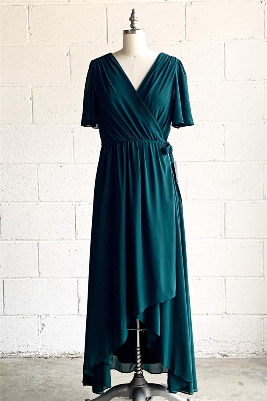 Hunter Green Faux-Wrap V Neck Pleated Chiffon Hi-Low Bridesmaid Dress with Sleeves