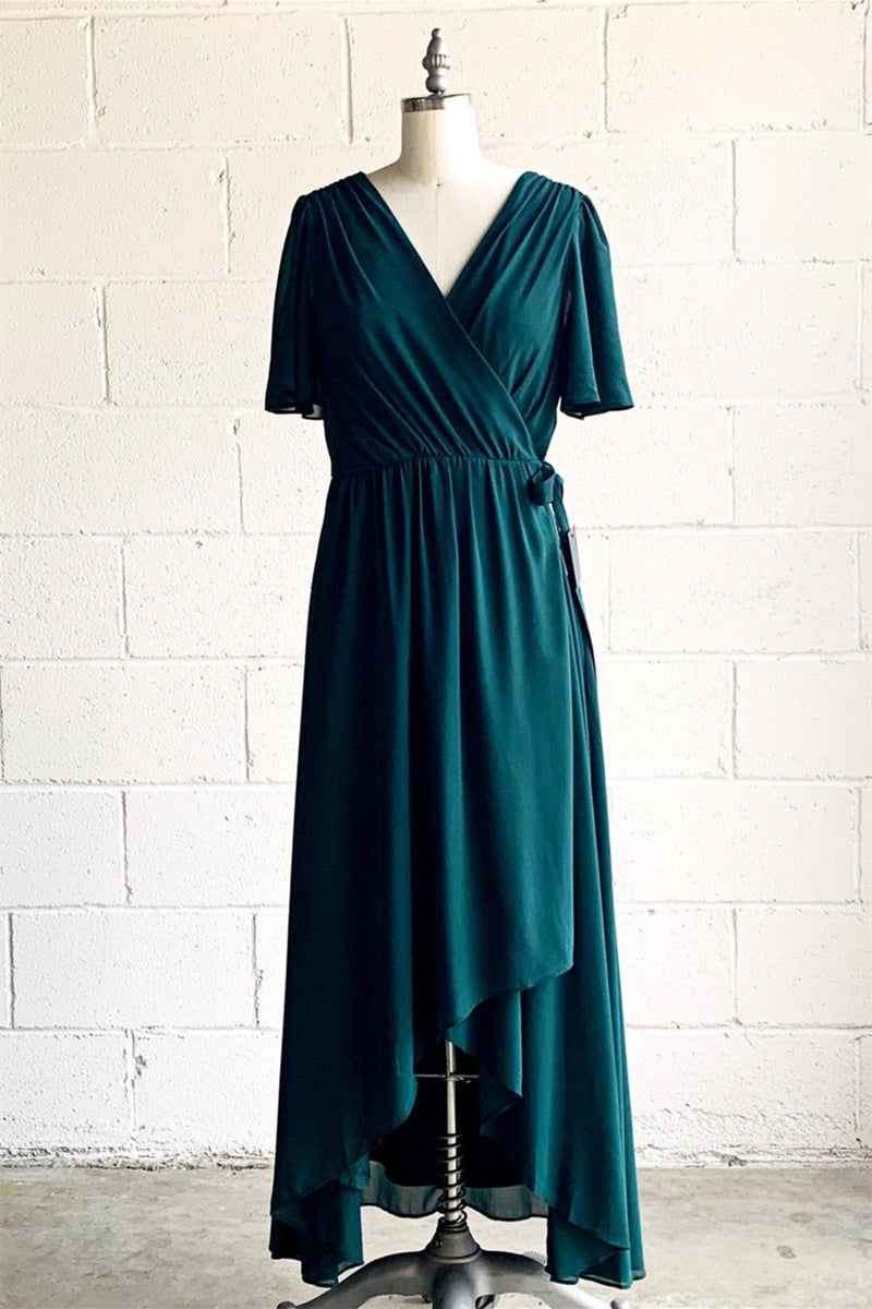 Hunter Green Faux-Wrap V Neck Pleated Chiffon Hi-Low Bridesmaid Dress with Sleeves