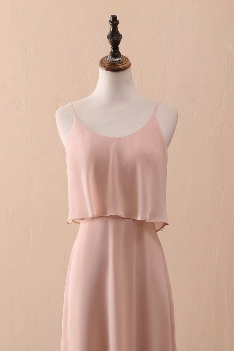 Blush Pink Spaghetti Strap Ruffled Long Bridesmaid Dress