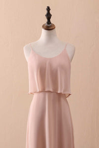 Blush Pink Spaghetti Strap Ruffled Long Bridesmaid Dress