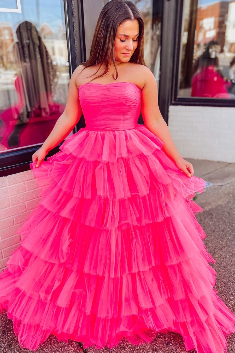Fuchsia Strapless Ruffle Layers Pleated Long Prom Dress
