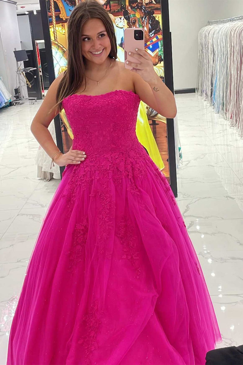 Wine Red Floral Lace Strapless A-Line Prom Dress