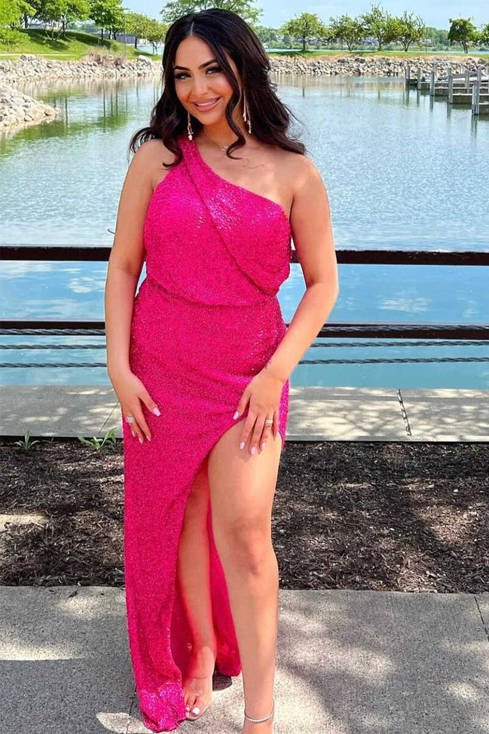 Neon Pink Sequins One-Shoulder Long Prom Dress with Slit