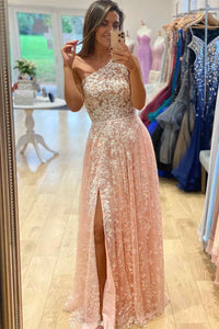 One Shoulder Appliqued Pink Prom Dress with Slit