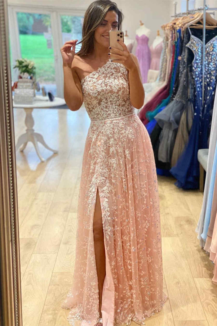 One Shoulder Appliqued Pink Prom Dress with Slit