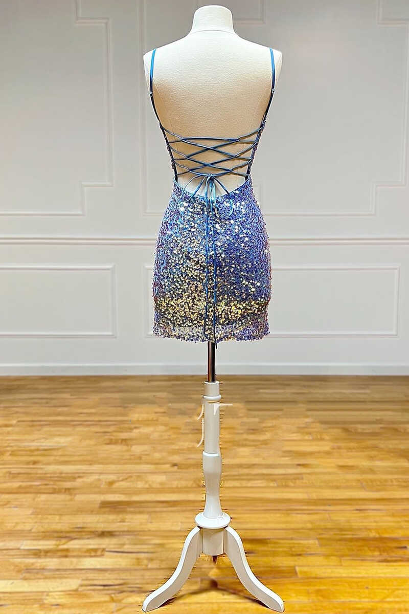 Blue Iridescent Sequin Bodycon Mini Homecoming Dress