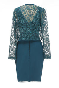 Two-Piece Teal Green V-Neck Lace Ruffled Mother of the Bride Dress